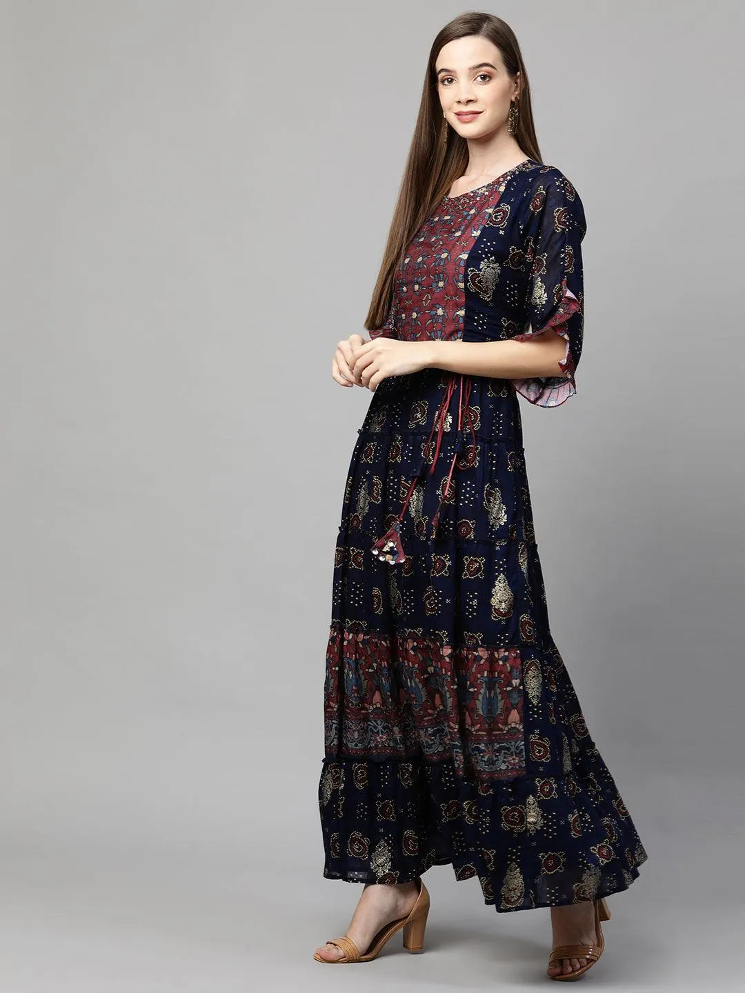 Ethnic Mix Printed Tiered Maxi Dress - Navy Blue