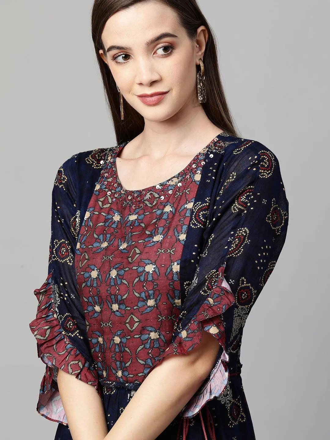 Ethnic Mix Printed Tiered Maxi Dress - Navy Blue