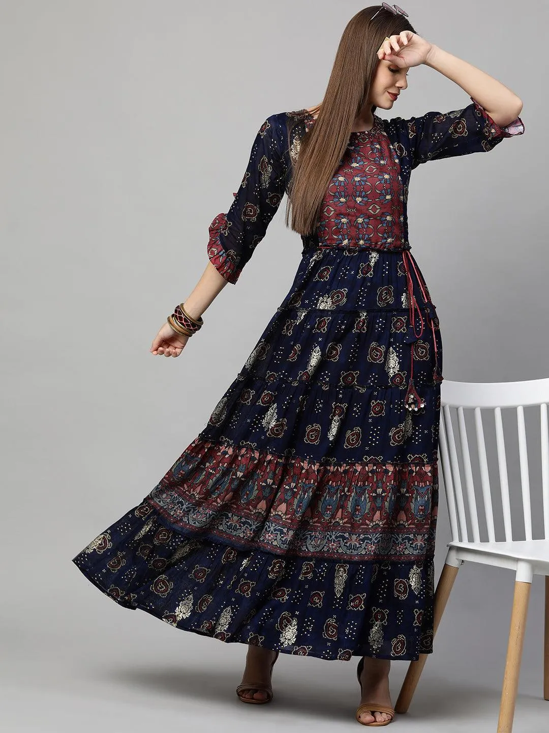 Ethnic Mix Printed Tiered Maxi Dress - Navy Blue