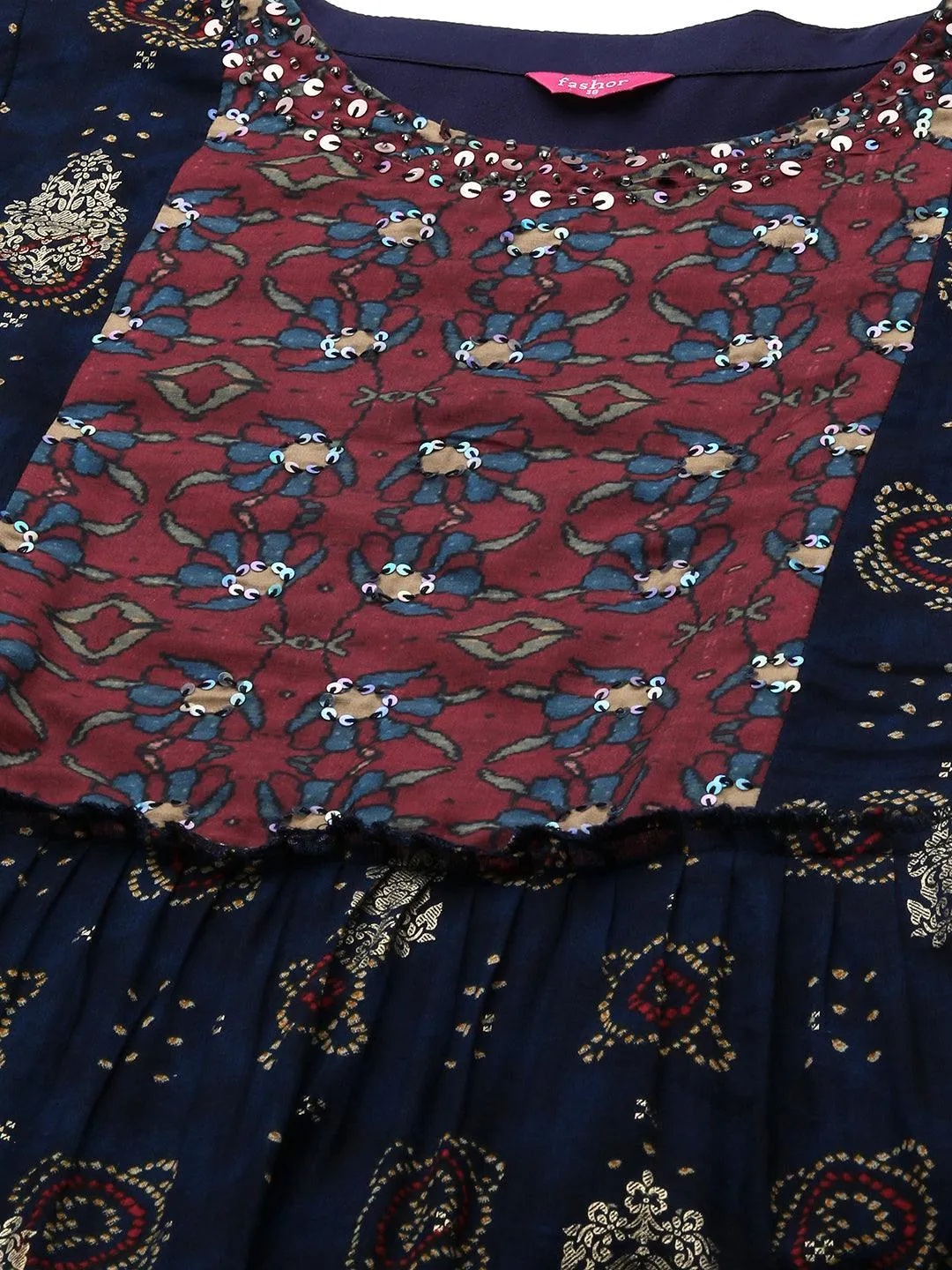 Ethnic Mix Printed Tiered Maxi Dress - Navy Blue