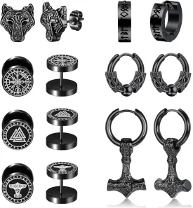 Fansilver 7Pairs Norse Viking Earrings for Men Stainless Steel Black Stud Earrings Fake Gauges Plug Vintage Huggie Mens Hoop Earrings Celtic Divination Thors Hammer Wolf Earrings