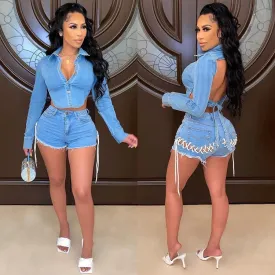 Fashion denim shorts two piece set AY1911