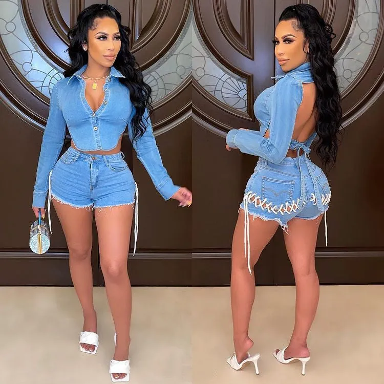 Fashion denim shorts two piece set AY1911
