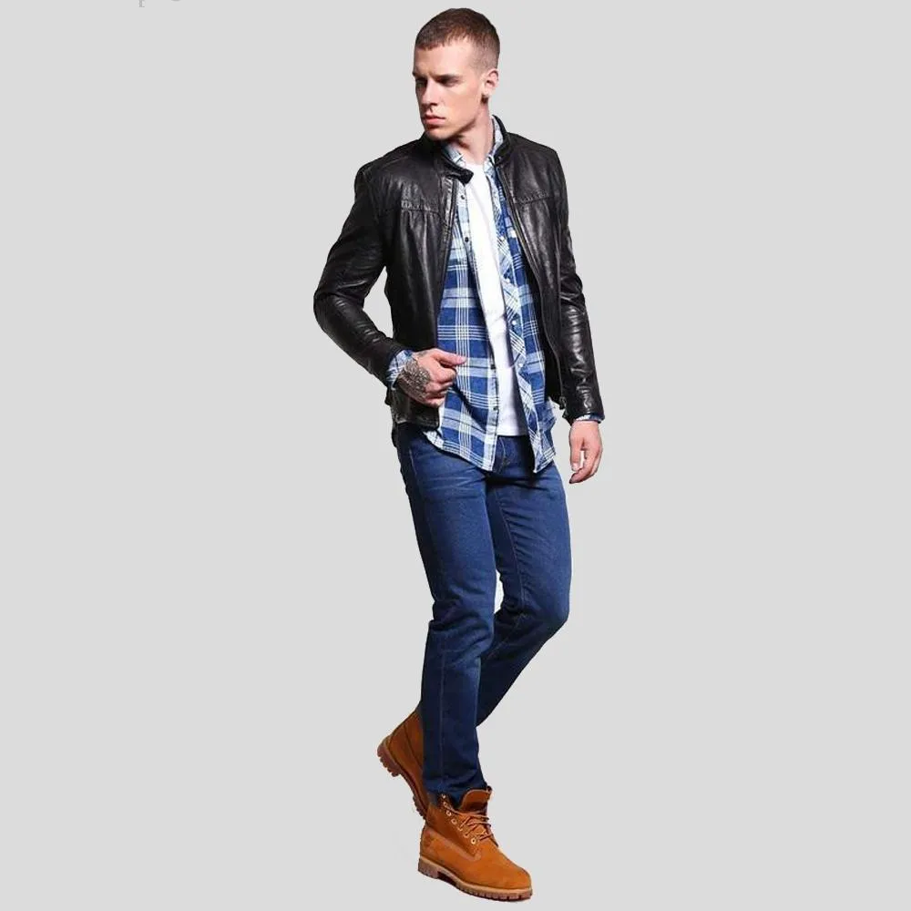 Ferd Black Slim Fit Leather Racer Jacket