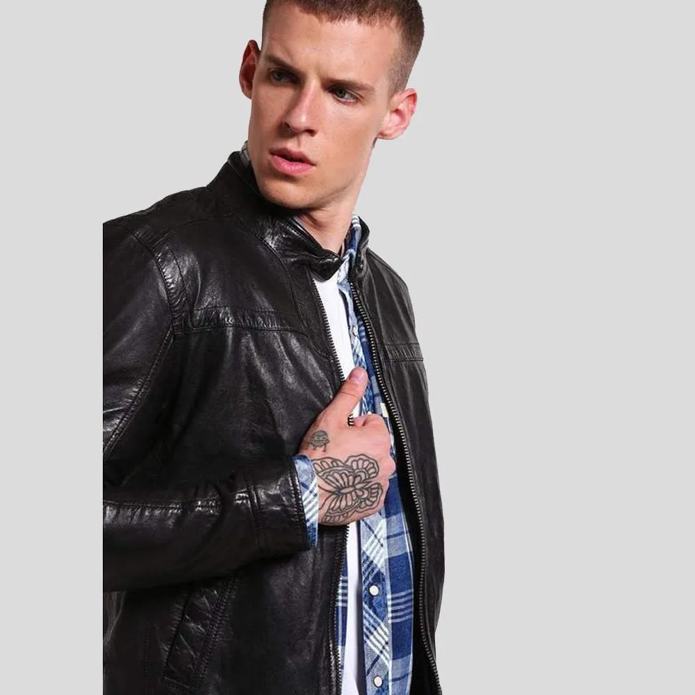 Ferd Black Slim Fit Leather Racer Jacket