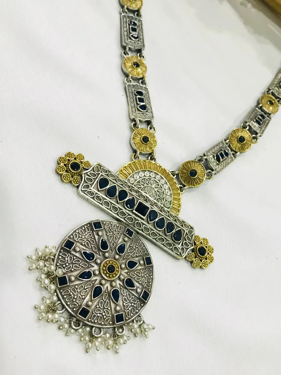 Gorgeous Silver Plated Traditional Long Necklace With Earrings Made With Brass And Copper