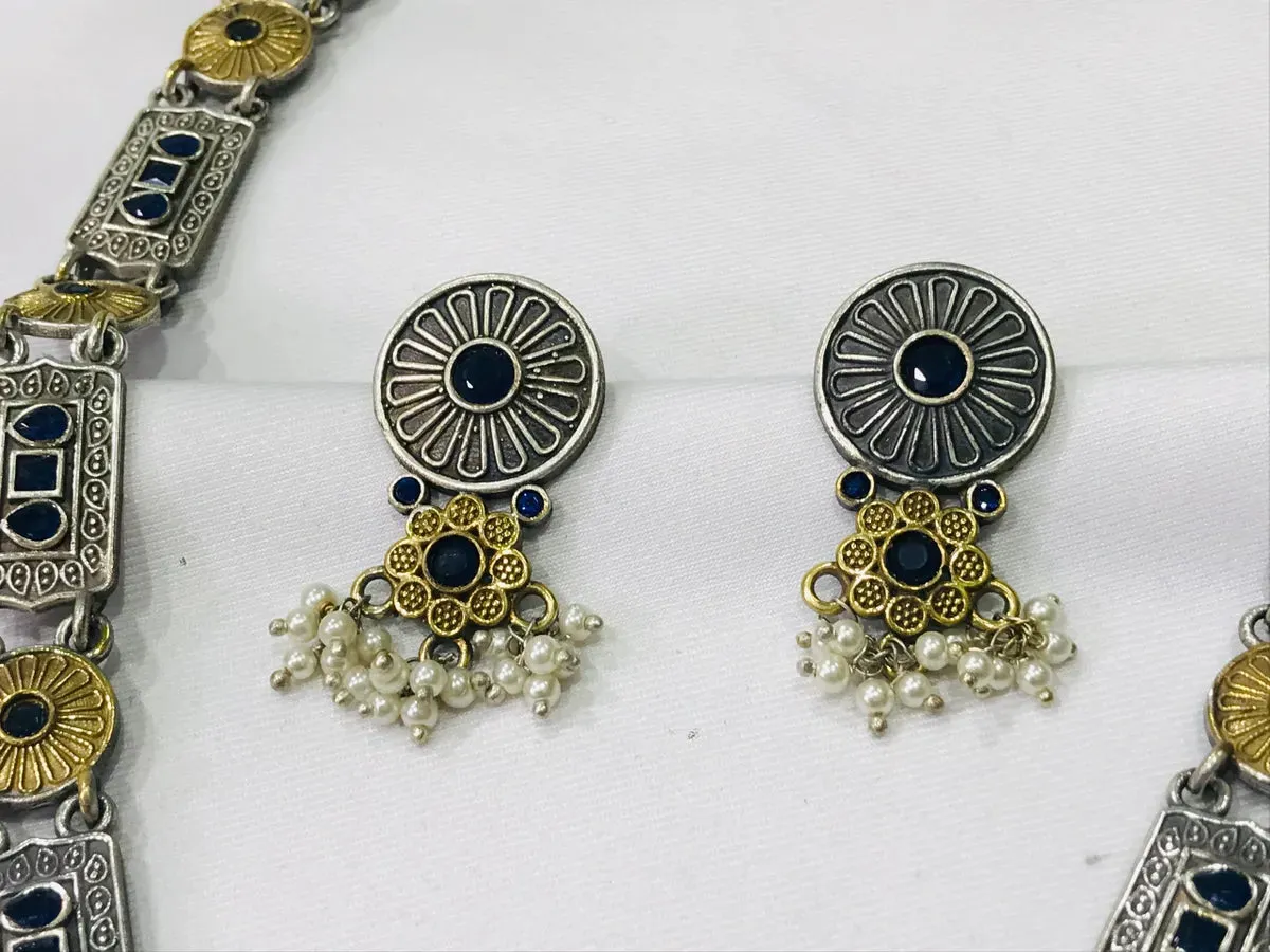 Gorgeous Silver Plated Traditional Long Necklace With Earrings Made With Brass And Copper