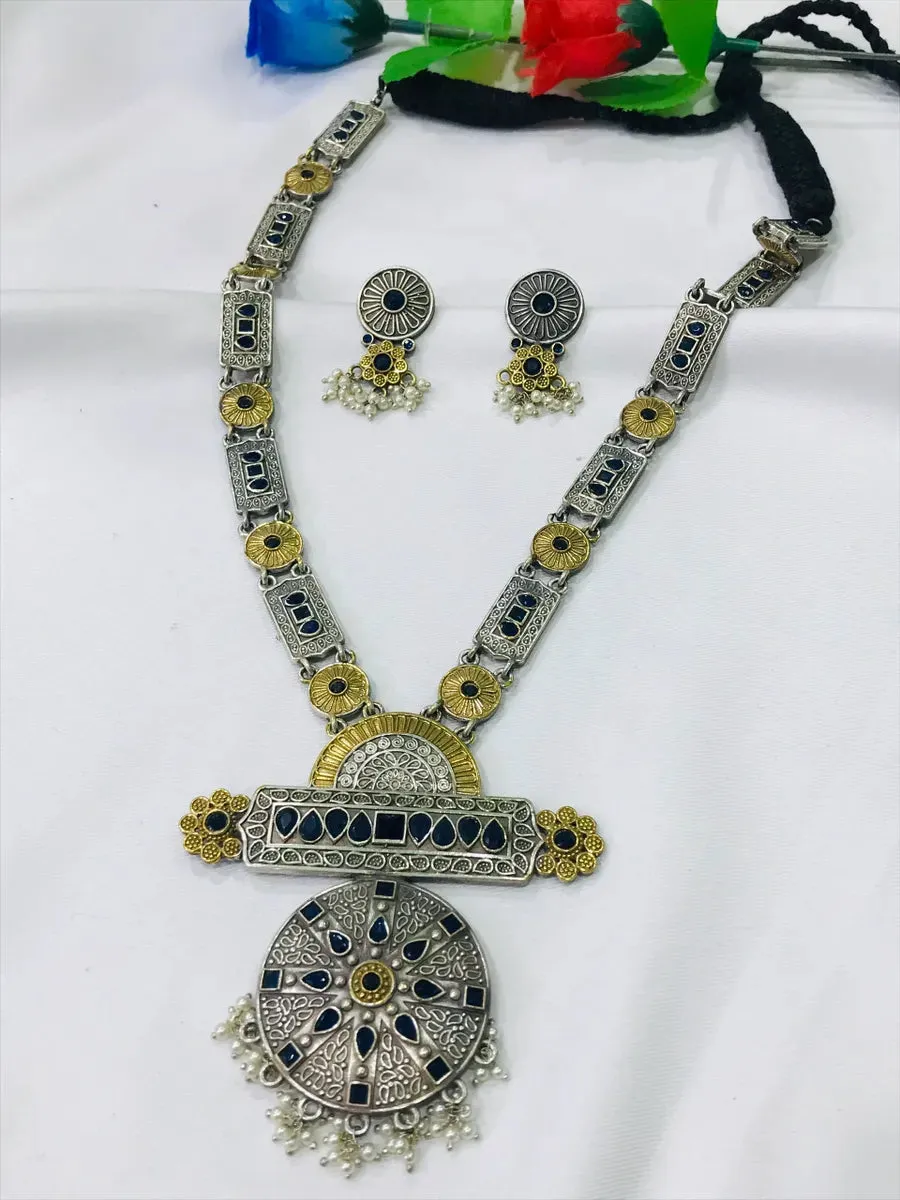 Gorgeous Silver Plated Traditional Long Necklace With Earrings Made With Brass And Copper