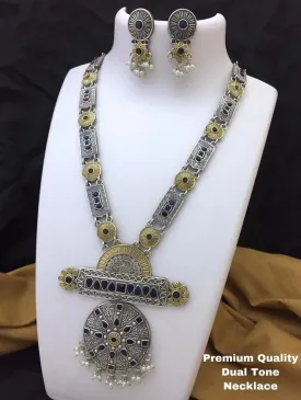 Gorgeous Silver Plated Traditional Long Necklace With Earrings Made With Brass And Copper