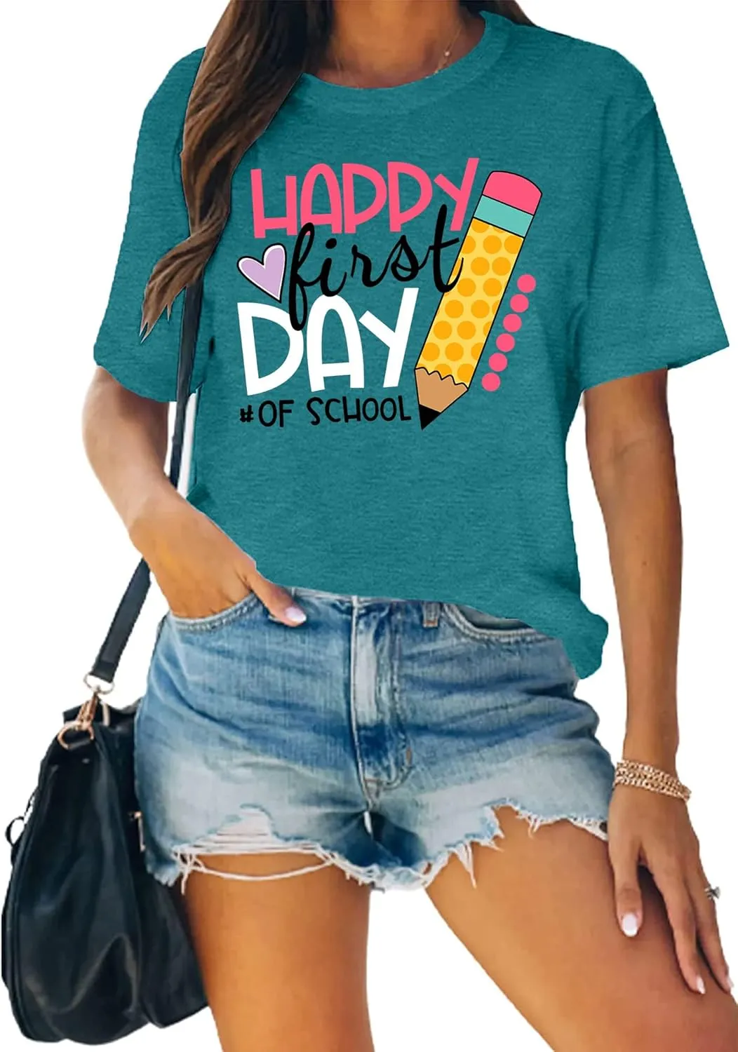 hohololo Happy First Day of School Shirt Women Teacher Gift Shirts Appreciation T-Shirt Back to School Tee Top