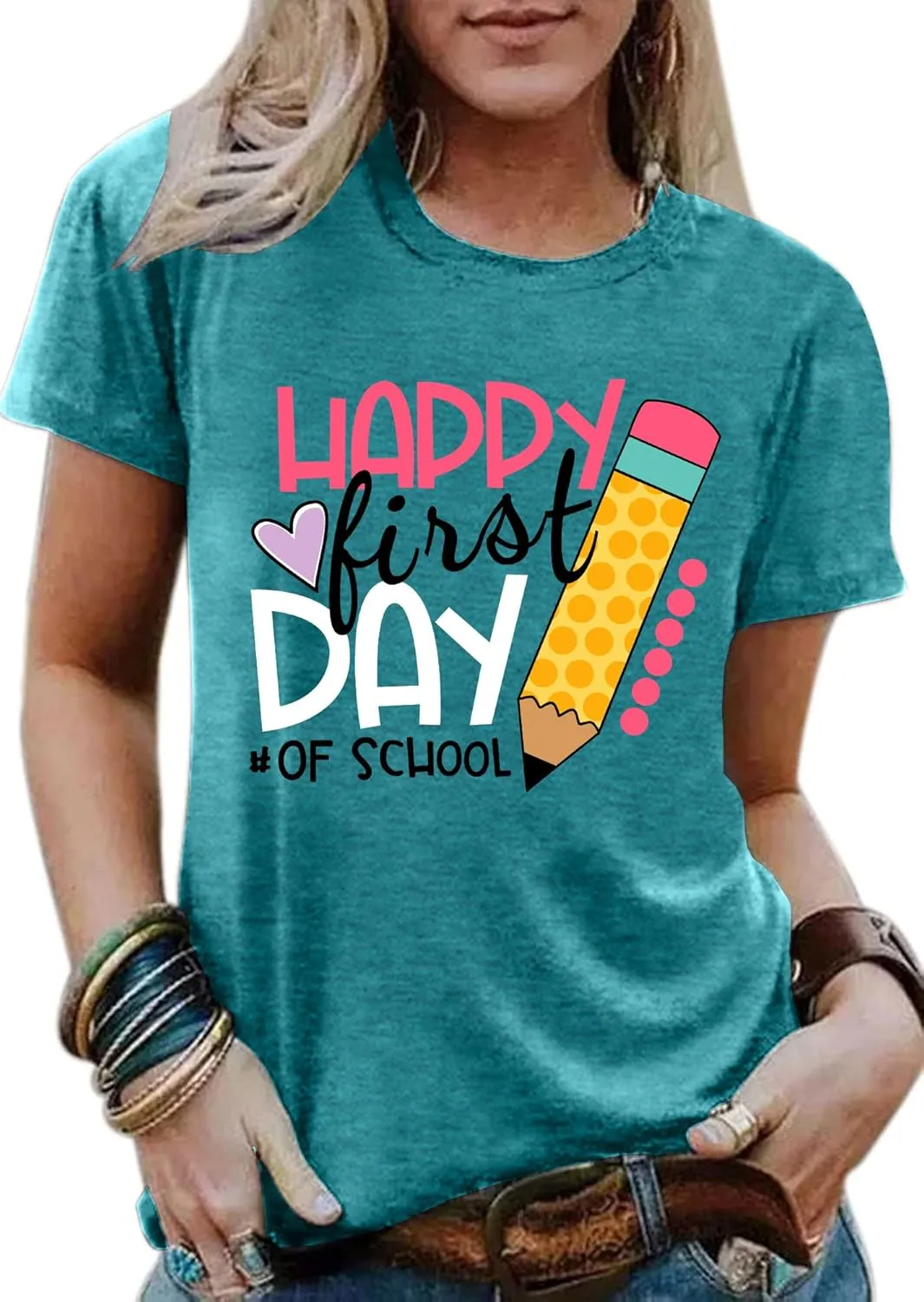 hohololo Happy First Day of School Shirt Women Teacher Gift Shirts Appreciation T-Shirt Back to School Tee Top