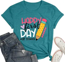 hohololo Happy First Day of School Shirt Women Teacher Gift Shirts Appreciation T-Shirt Back to School Tee Top