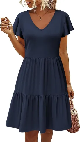 HOTOUCH Women's Casual Tiered Dress with Pockets V Neck Ruffle Dress Cap Sleeve Swing Mini Dress A-Line Dresses