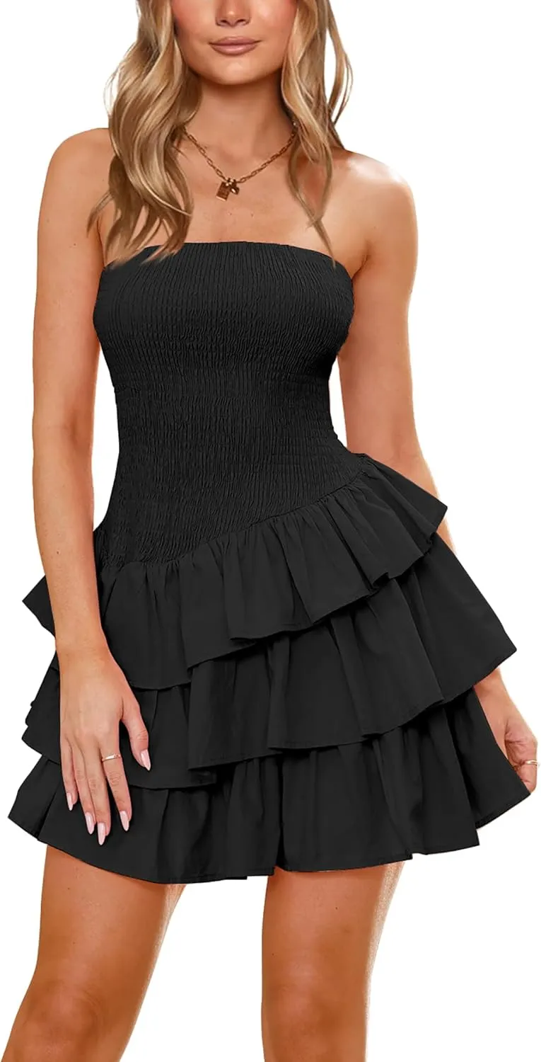 HYPERFIRE Women's Summer Strapless Tube Smocked Dress Ruffle Tiered Layered Mini Dresses