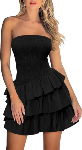 HYPERFIRE Women's Summer Strapless Tube Smocked Dress Ruffle Tiered Layered Mini Dresses