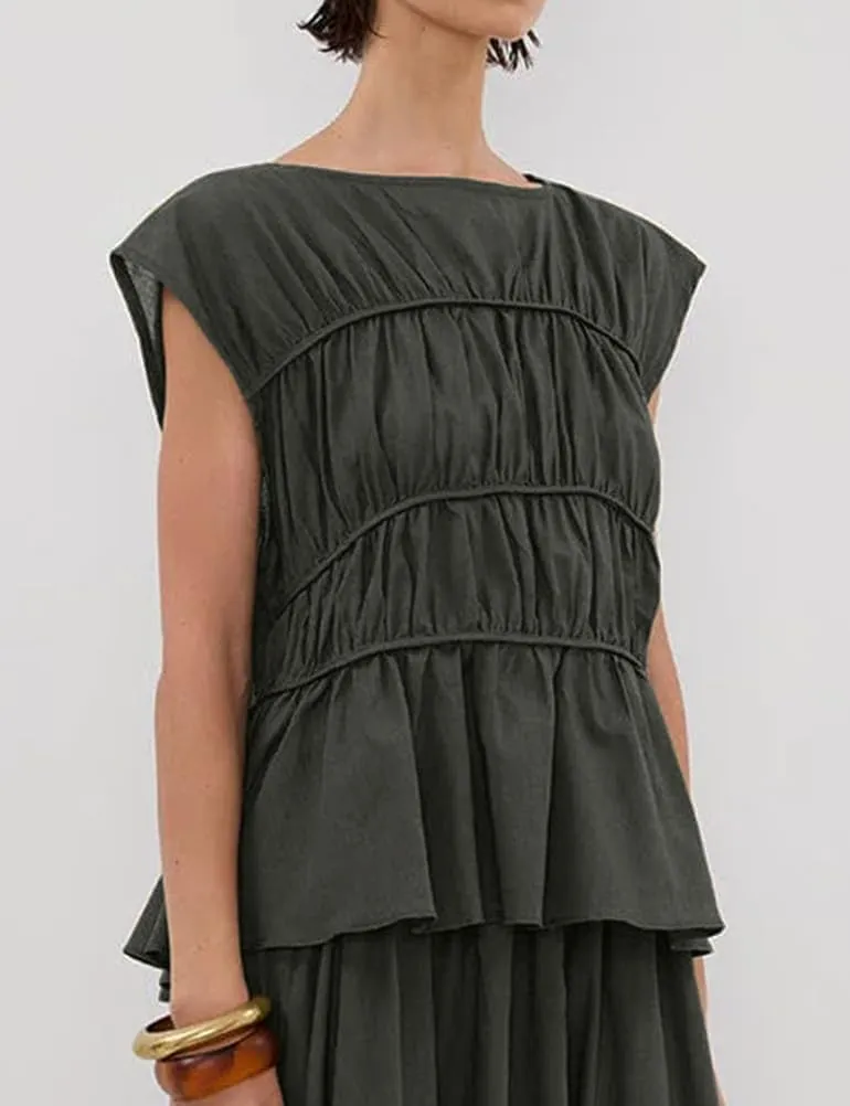 IDEALSANXUN Linen Tank Tops for Women Summer Cap Sleeve Tiered Pleated Shirts Casual Cute Peplum Blouses Beach Tops