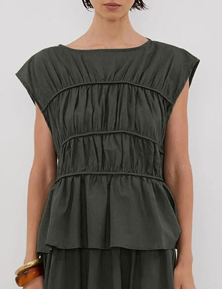 IDEALSANXUN Linen Tank Tops for Women Summer Cap Sleeve Tiered Pleated Shirts Casual Cute Peplum Blouses Beach Tops