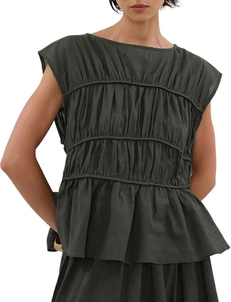 IDEALSANXUN Linen Tank Tops for Women Summer Cap Sleeve Tiered Pleated Shirts Casual Cute Peplum Blouses Beach Tops