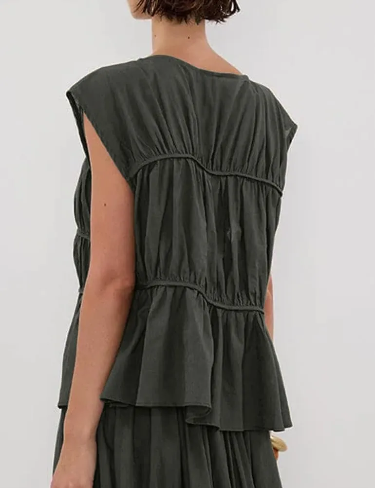 IDEALSANXUN Linen Tank Tops for Women Summer Cap Sleeve Tiered Pleated Shirts Casual Cute Peplum Blouses Beach Tops