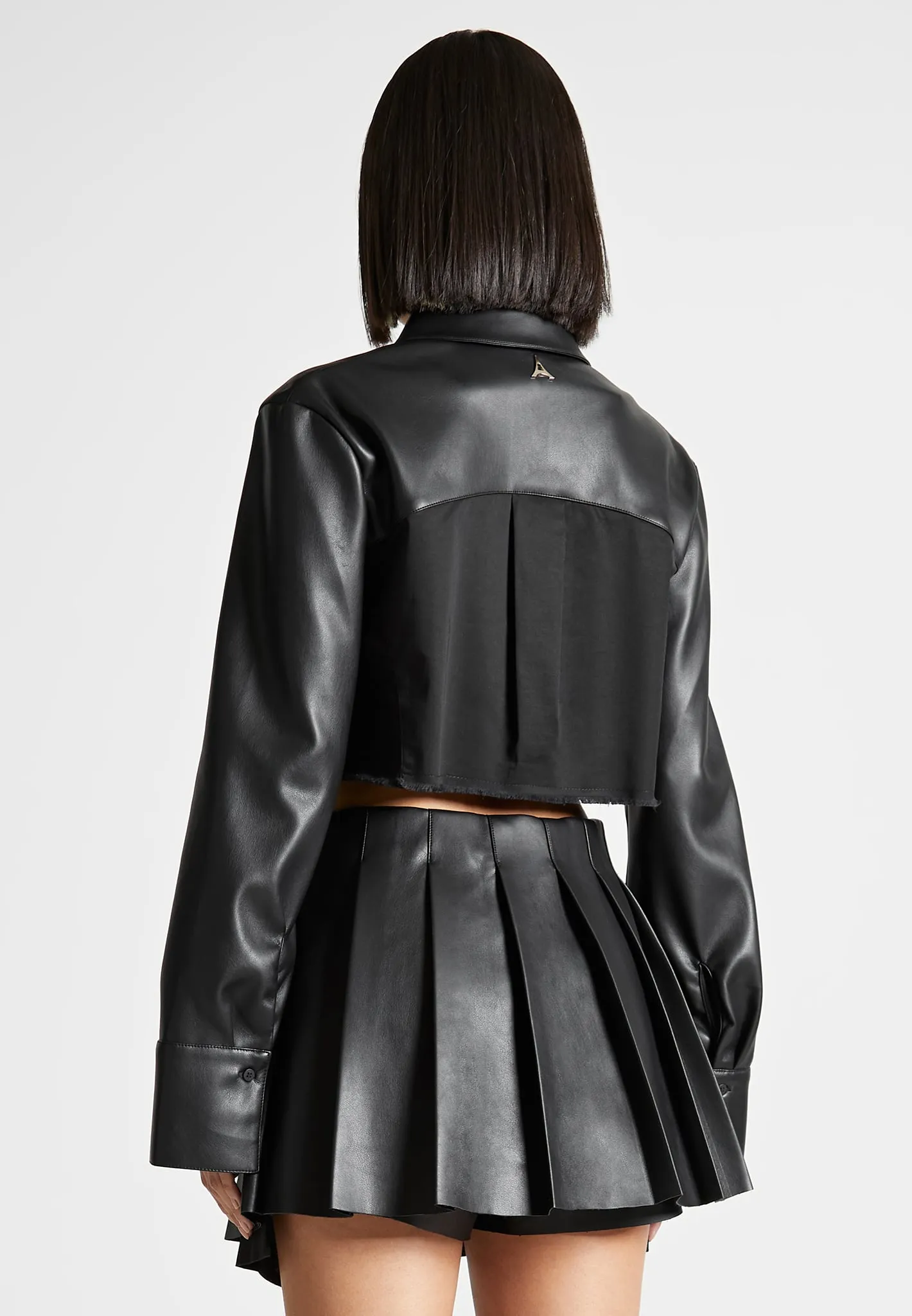 Leather Contrast Cropped Shirt - Black