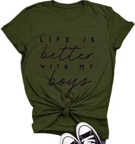 Life is Better with My Boys Women Funny Mom Gift Shirts Graphic Summer Short Athletic Casual Workout Tops