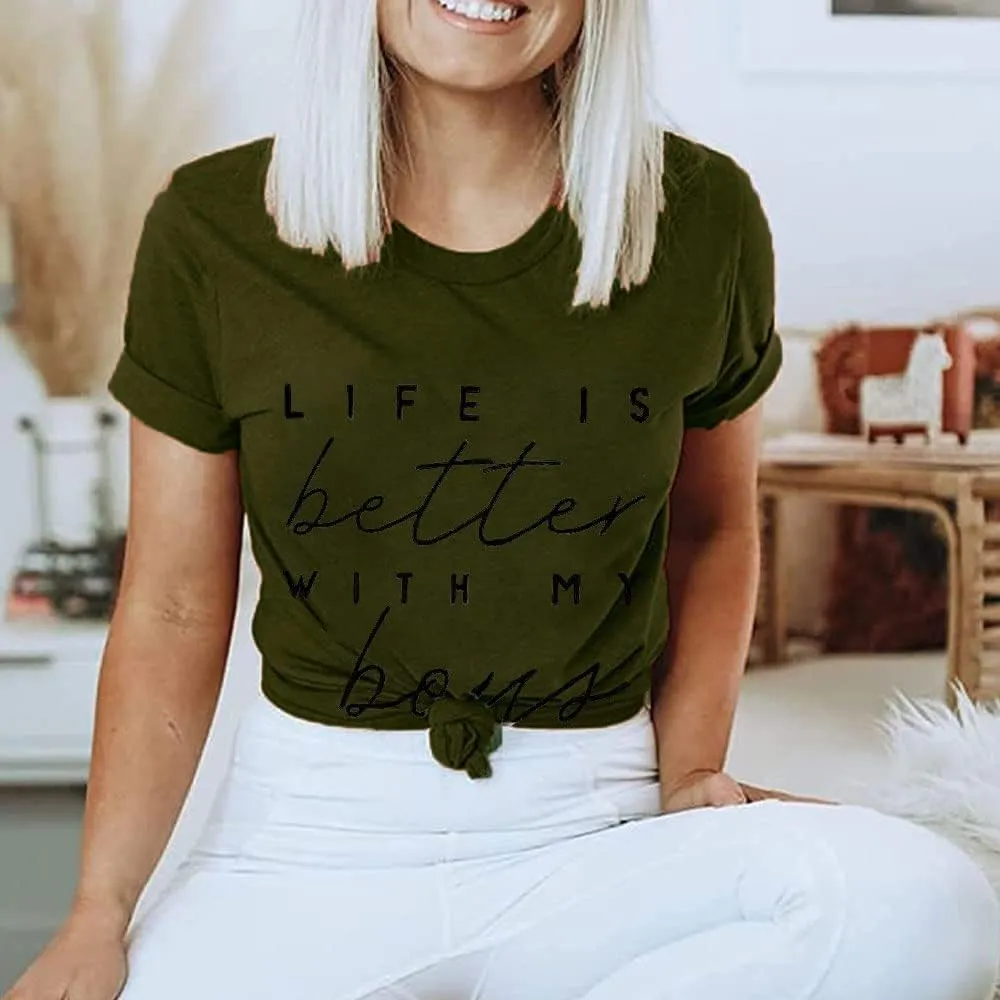 Life is Better with My Boys Women Funny Mom Gift Shirts Graphic Summer Short Athletic Casual Workout Tops