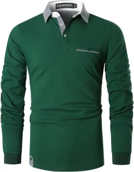 LIUPMWE Polo Shirts for Men Long Sleeve Golf Shirt Slim Fit Classic Plaid Collar Cotton Golf T-Shirts Casual Polo Shirts