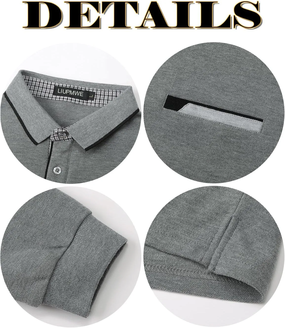 LIUPMWE Polo Shirts for Men Long Sleeve Golf Shirt Slim Fit Classic Plaid Collar Cotton Golf T-Shirts Casual Polo Shirts