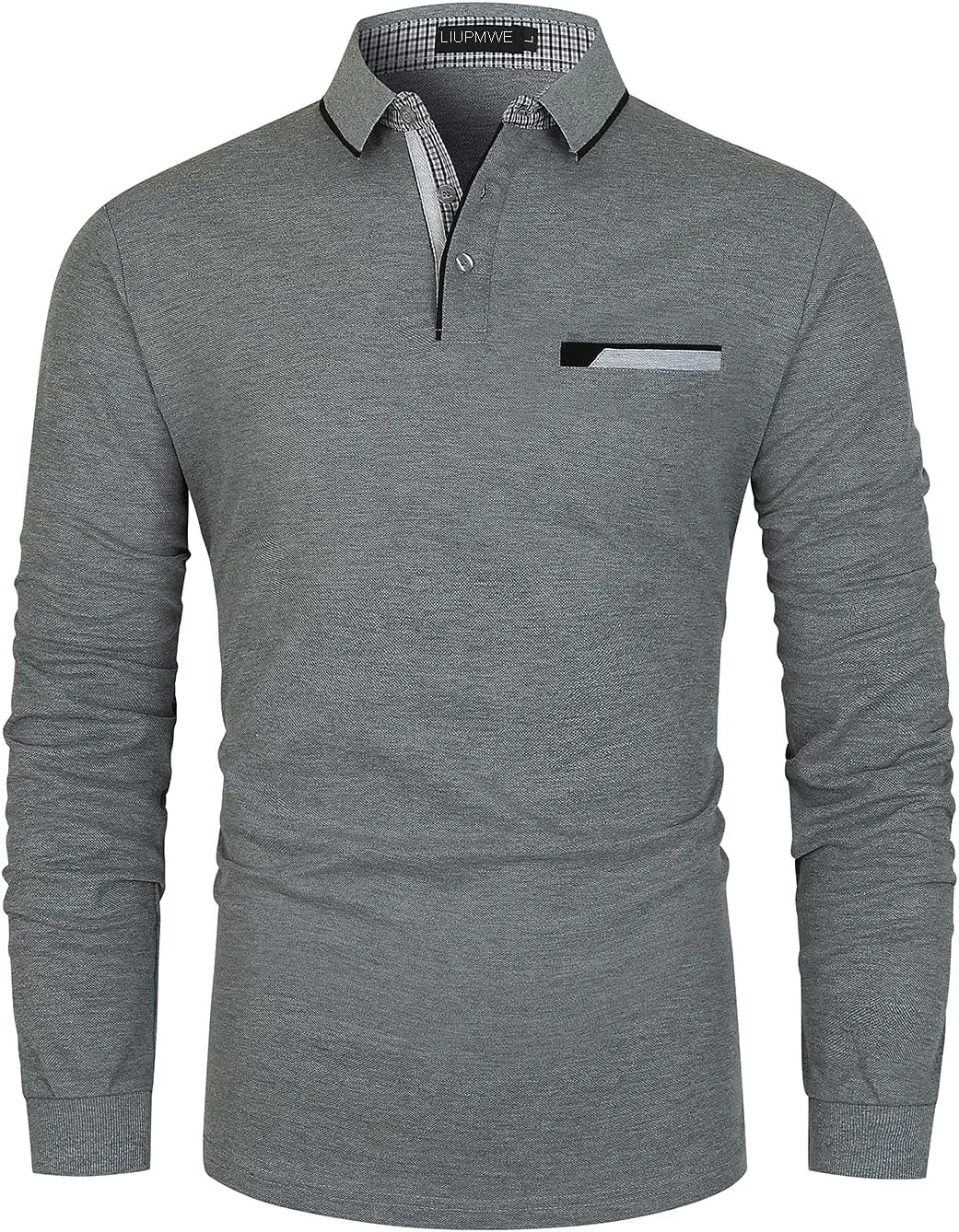 LIUPMWE Polo Shirts for Men Long Sleeve Golf Shirt Slim Fit Classic Plaid Collar Cotton Golf T-Shirts Casual Polo Shirts