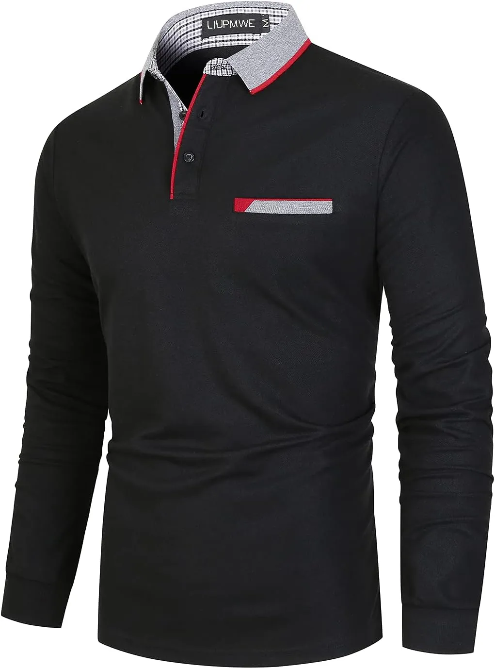 LIUPMWE Polo Shirts for Men Long Sleeve Golf Shirt Slim Fit Classic Plaid Collar Cotton Golf T-Shirts Casual Polo Shirts