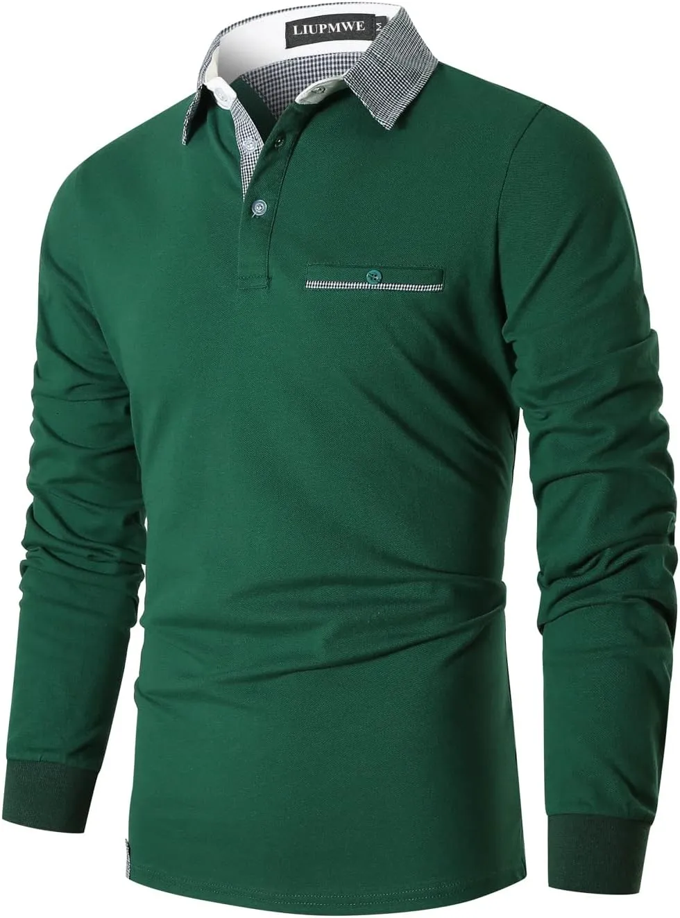 LIUPMWE Polo Shirts for Men Long Sleeve Golf Shirt Slim Fit Classic Plaid Collar Cotton Golf T-Shirts Casual Polo Shirts