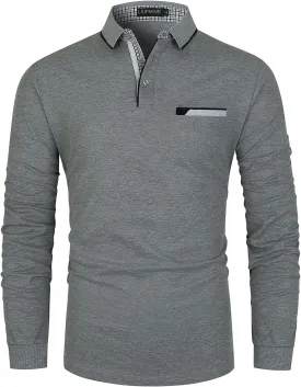 LIUPMWE Polo Shirts for Men Long Sleeve Golf Shirt Slim Fit Classic Plaid Collar Cotton Golf T-Shirts Casual Polo Shirts