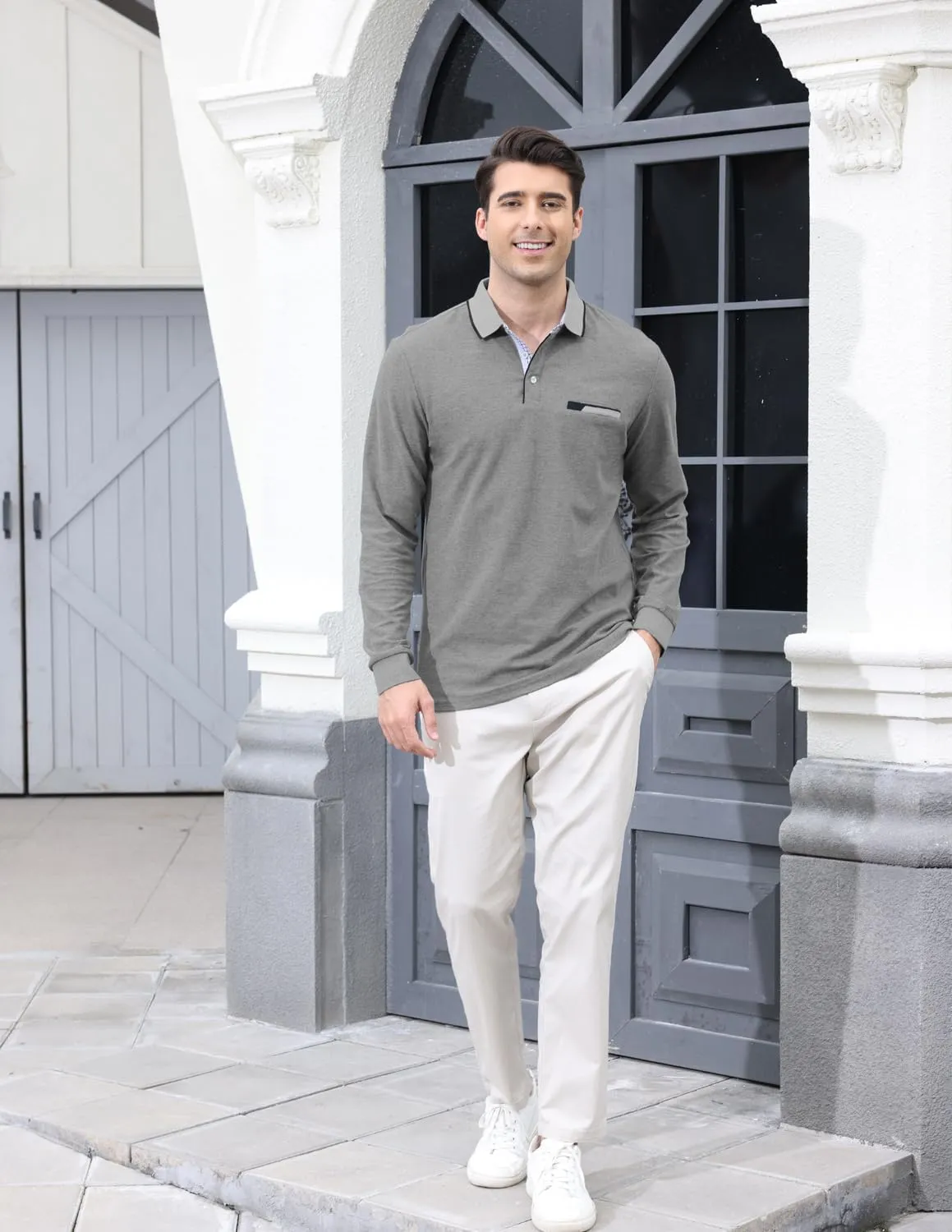 LIUPMWE Polo Shirts for Men Long Sleeve Golf Shirt Slim Fit Classic Plaid Collar Cotton Golf T-Shirts Casual Polo Shirts