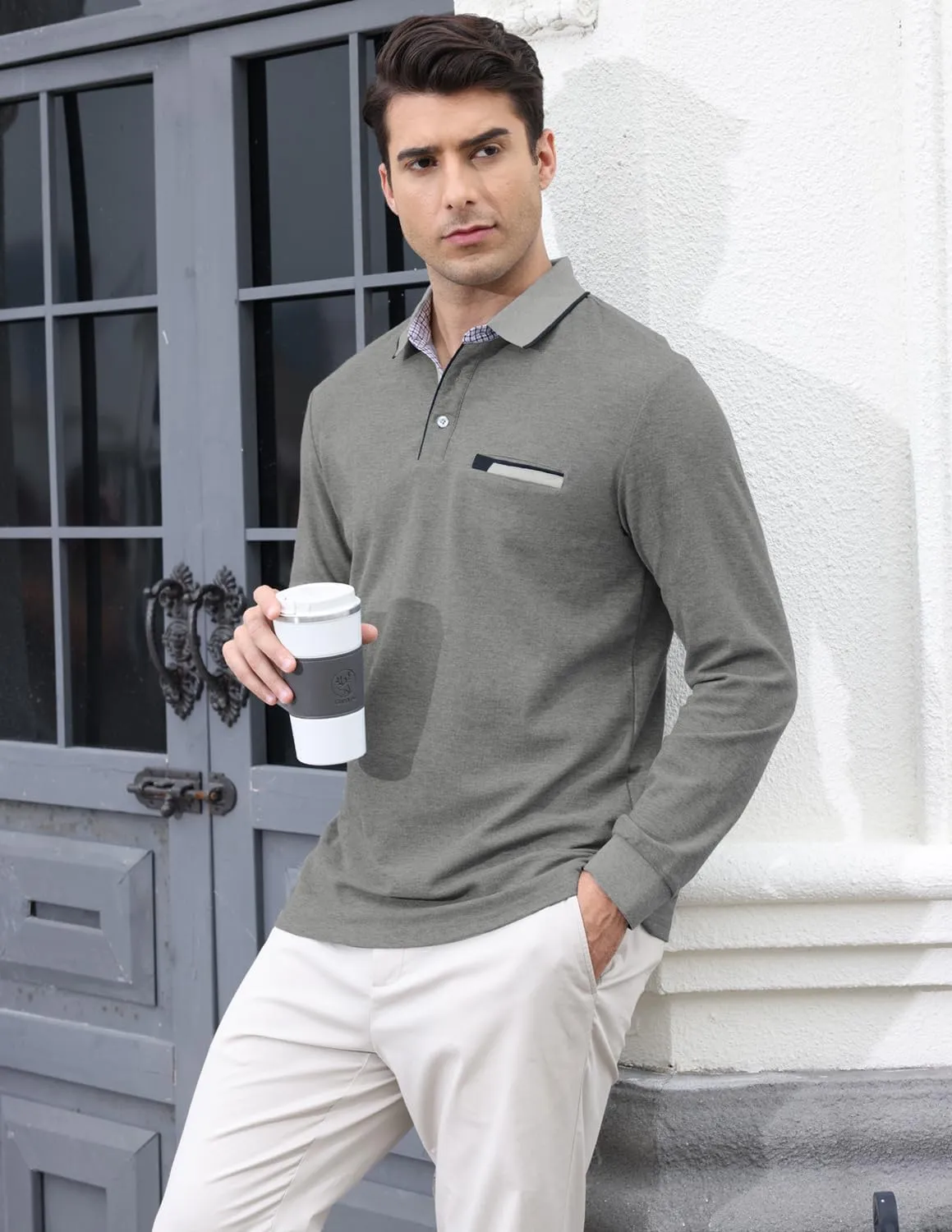 LIUPMWE Polo Shirts for Men Long Sleeve Golf Shirt Slim Fit Classic Plaid Collar Cotton Golf T-Shirts Casual Polo Shirts