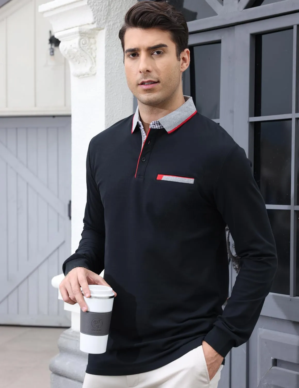 LIUPMWE Polo Shirts for Men Long Sleeve Golf Shirt Slim Fit Classic Plaid Collar Cotton Golf T-Shirts Casual Polo Shirts