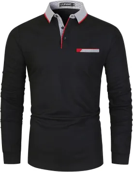 LIUPMWE Polo Shirts for Men Long Sleeve Golf Shirt Slim Fit Classic Plaid Collar Cotton Golf T-Shirts Casual Polo Shirts
