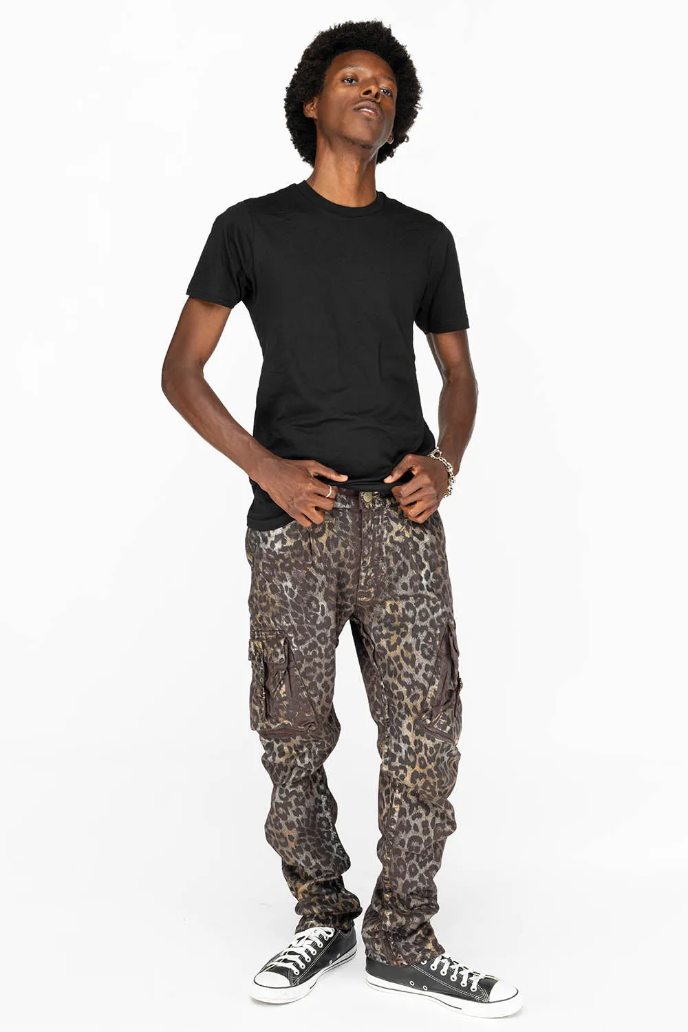 MENS MILITARY STYLE CARGO PANTS IN LEOPARD MANDELA BROWN