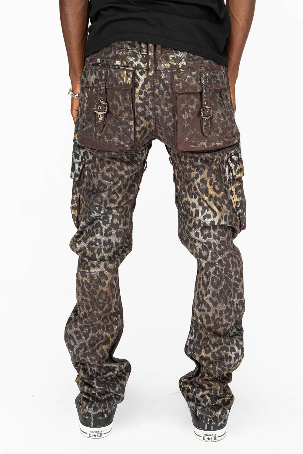 MENS MILITARY STYLE CARGO PANTS IN LEOPARD MANDELA BROWN