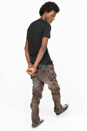Mens Wood Brown Thunder Wash Military-Style Cargo Pants with Patch