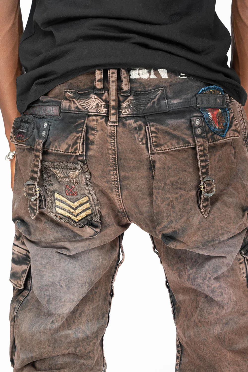 Mens Wood Brown Thunder Wash Military-Style Cargo Pants with Patch