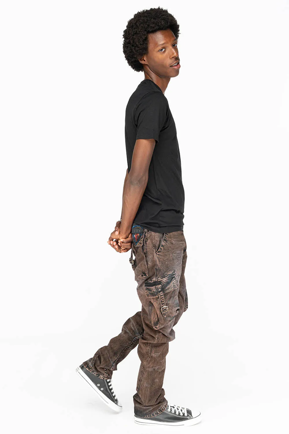Mens Wood Brown Thunder Wash Military-Style Cargo Pants with Patch