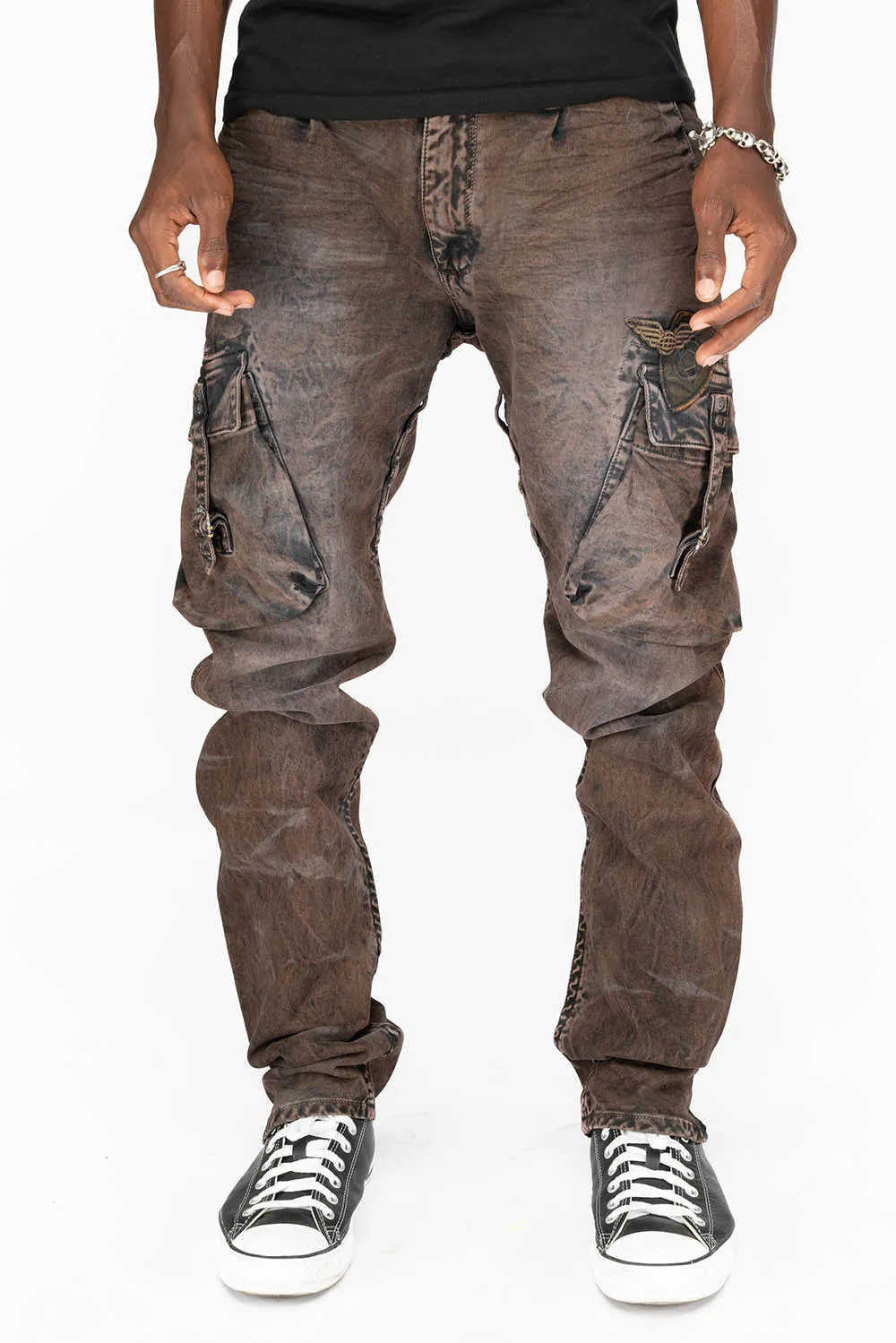 Mens Wood Brown Thunder Wash Military-Style Cargo Pants with Patch