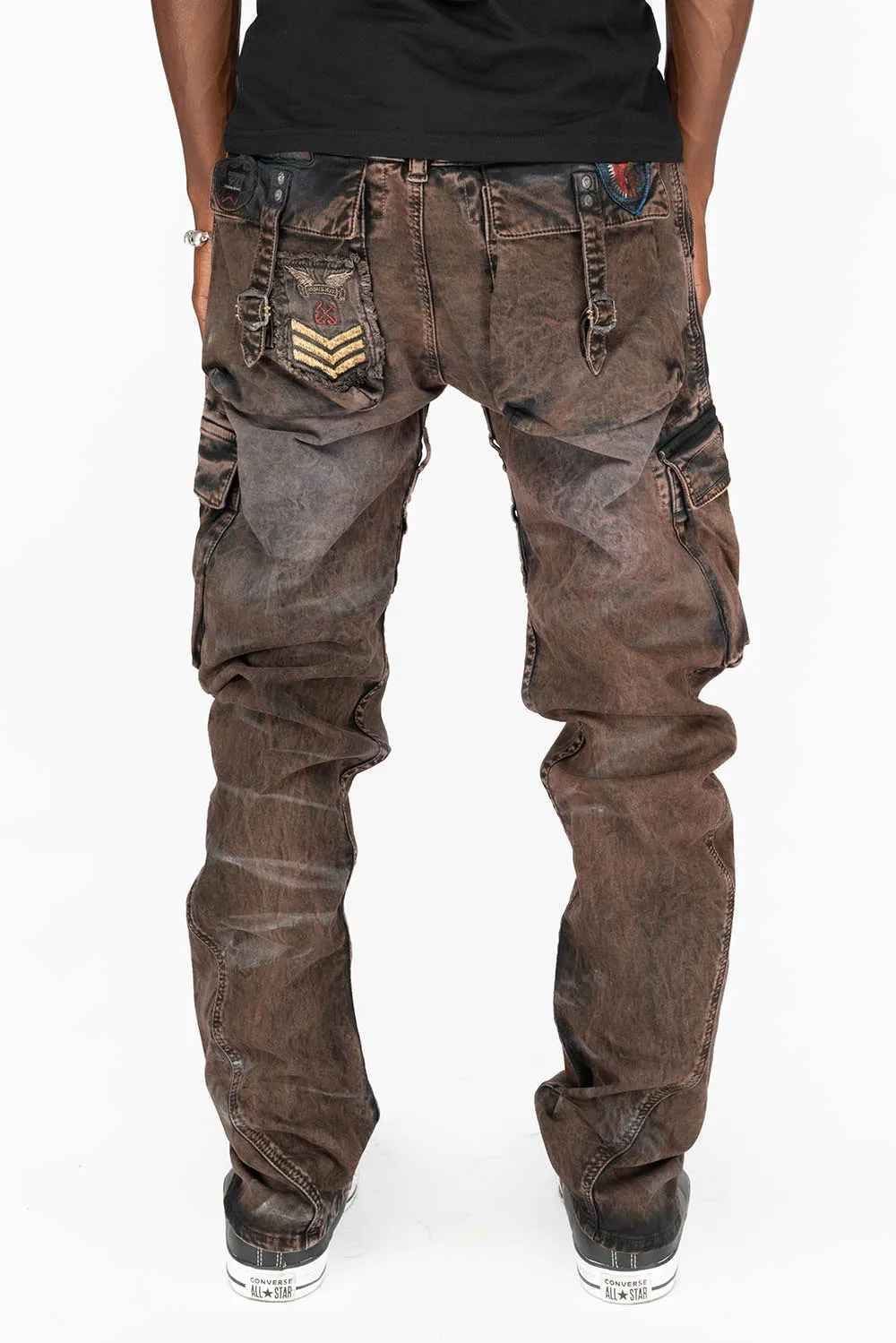 Mens Wood Brown Thunder Wash Military-Style Cargo Pants with Patch