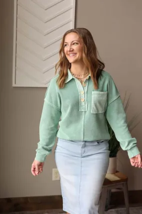 Mint Waffle Pocket Henley Top • M