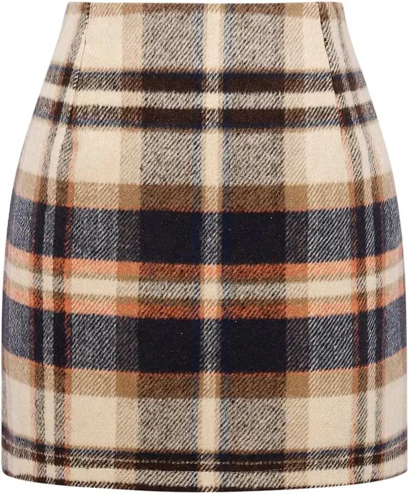 Mywinway Plaid Mini Skirt for Women Fall Winter High Waist A Line Bodycon Pencil Fall Skirts