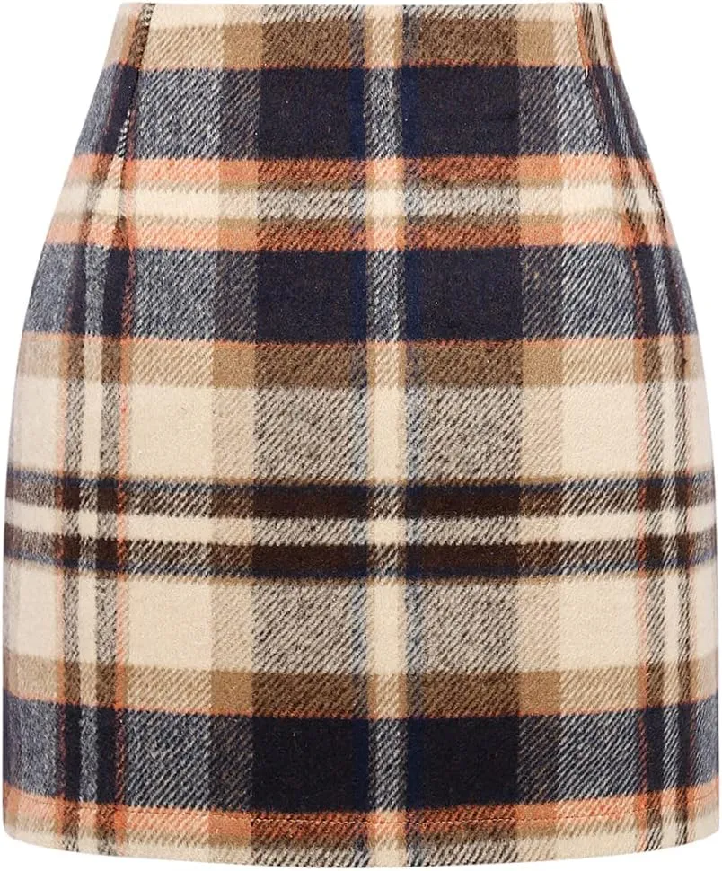 Mywinway Plaid Mini Skirt for Women Fall Winter High Waist A Line Bodycon Pencil Fall Skirts