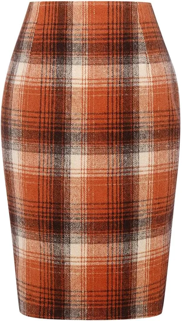 Mywinway Plaid Skirts for Women 2024 Fall Winter Knee Length Wool Pencil Skirt