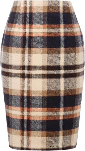 Mywinway Plaid Skirts for Women 2024 Fall Winter Knee Length Wool Pencil Skirt