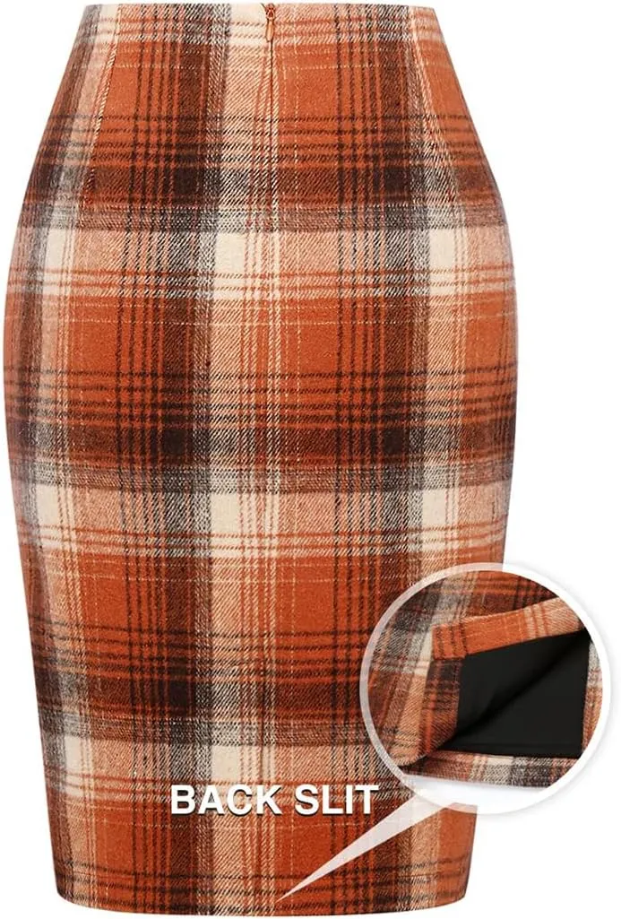 Mywinway Plaid Skirts for Women 2024 Fall Winter Knee Length Wool Pencil Skirt