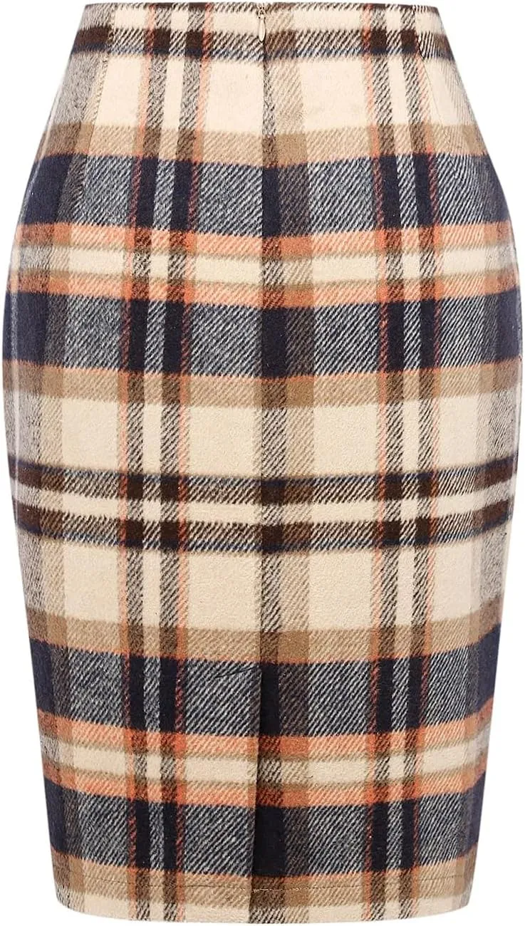 Mywinway Plaid Skirts for Women 2024 Fall Winter Knee Length Wool Pencil Skirt